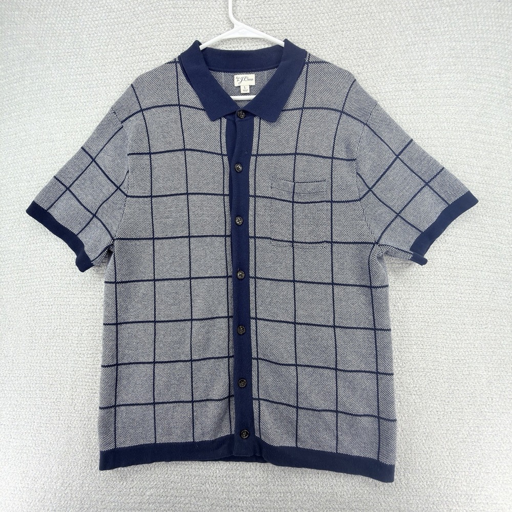 J. Crew Cardigan Sweater Polo Shirt Mens Large Gray Navy Jacquard Window Pane